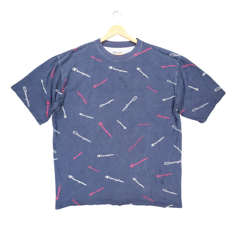 Champion T-Shirt Mens XLT Navy Blue 100% Cotton Tall All Over Print Script Logo